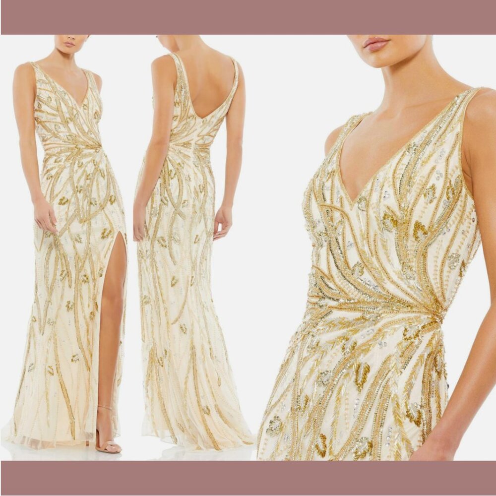 NWT $598 Mac Duggal [ 12 ] Beaded Sleeveless V Neck‎ Gown in Nude Gold #Q681